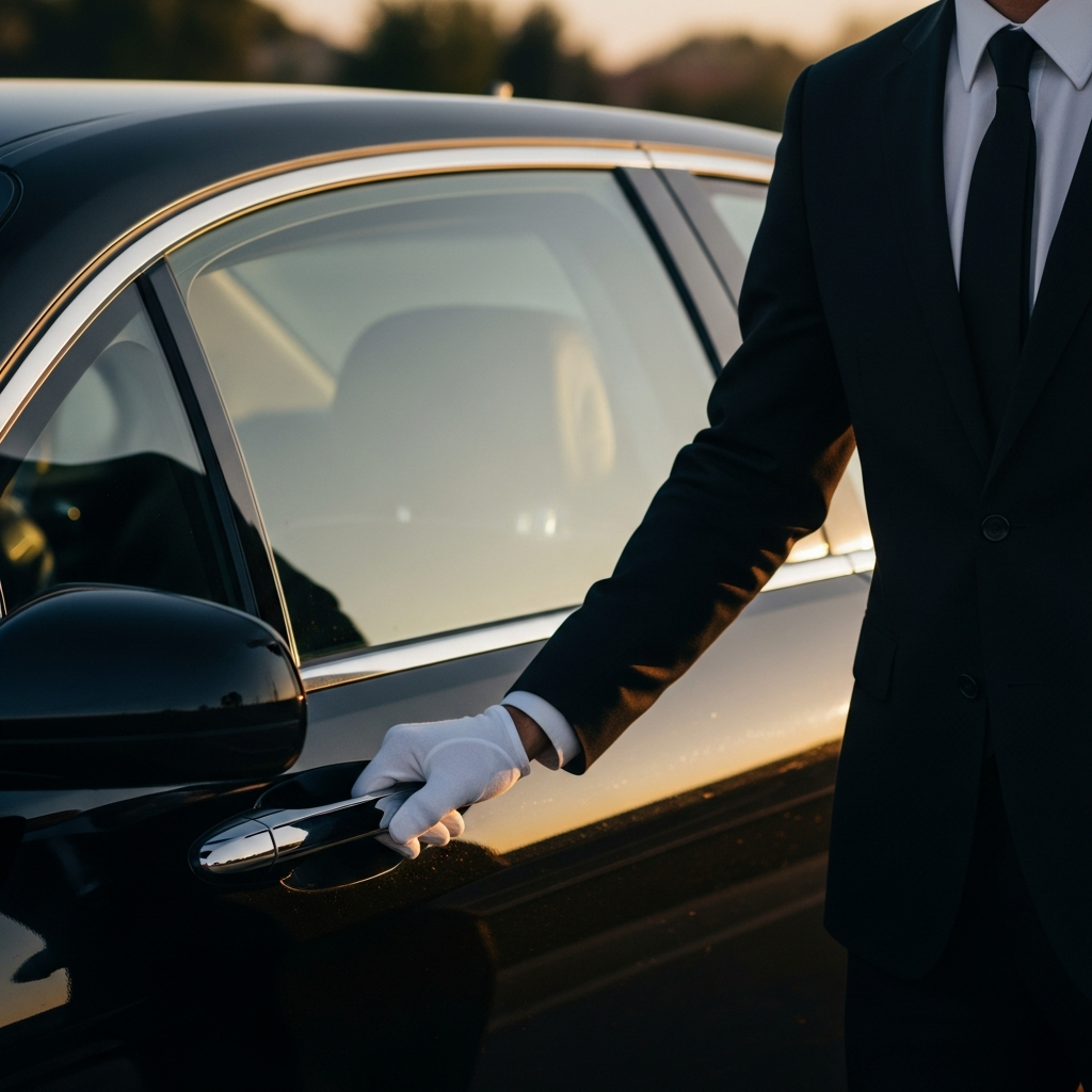 Executive sedan with chauffeur opening the door in Kansas City